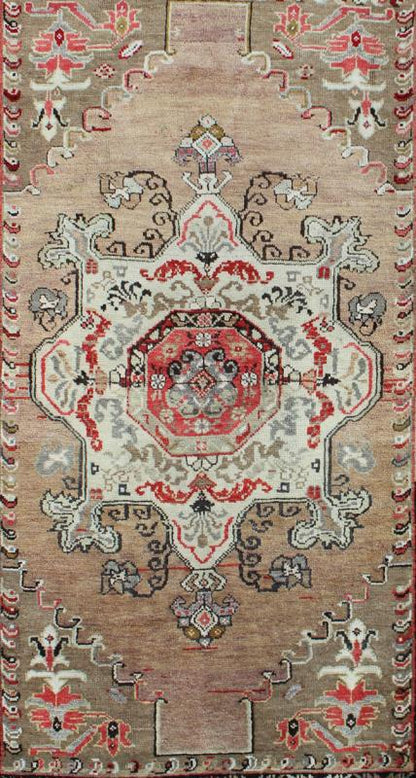 Vintage Turkish Oushak Floral Medallion Design in Camel, Black, Red, Gray & Tan. All - over blossoming floral design rug in brown, taupe, red, and ivory, Keivan Woven Arts / rug EN - 140880, country of origin / type: Turkey / Oushak, circa 1940. ... - Keivan Woven ArtsEN - 140880 - 6648Rug