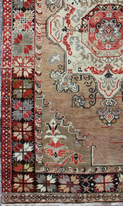 Vintage Turkish Oushak Floral Medallion Design in Camel, Black, Red, Gray & Tan. All - over blossoming floral design rug in brown, taupe, red, and ivory, Keivan Woven Arts / rug EN - 140880, country of origin / type: Turkey / Oushak, circa 1940. ... - Keivan Woven ArtsEN - 140880 - 6648Rug