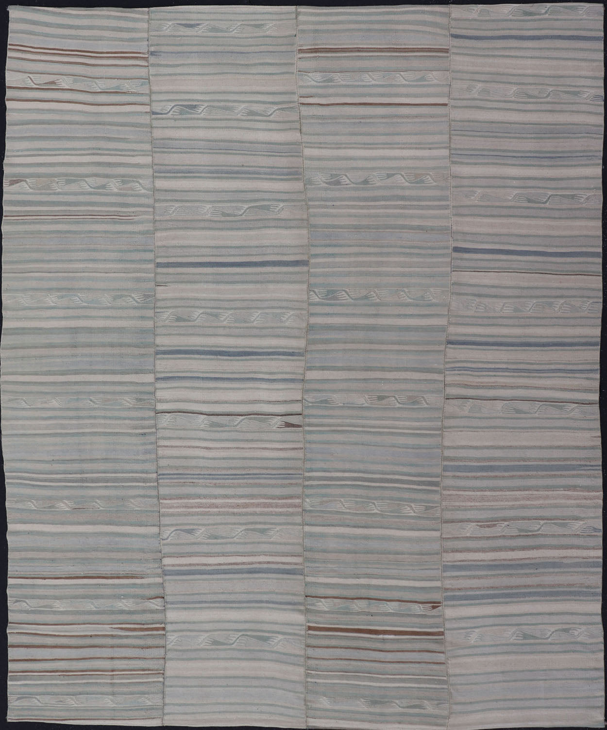 Hand Woven large vintage Turkish paneled in cream, blue, light brown and taupe. Keivan Woven Arts / rug EN - 14094 country of origin / type: Turkey / Kilim, circa mid - 20th century Measures: 9'2 x 11'6 - Keivan Woven ArtsEN - 14094 - 23175Rug