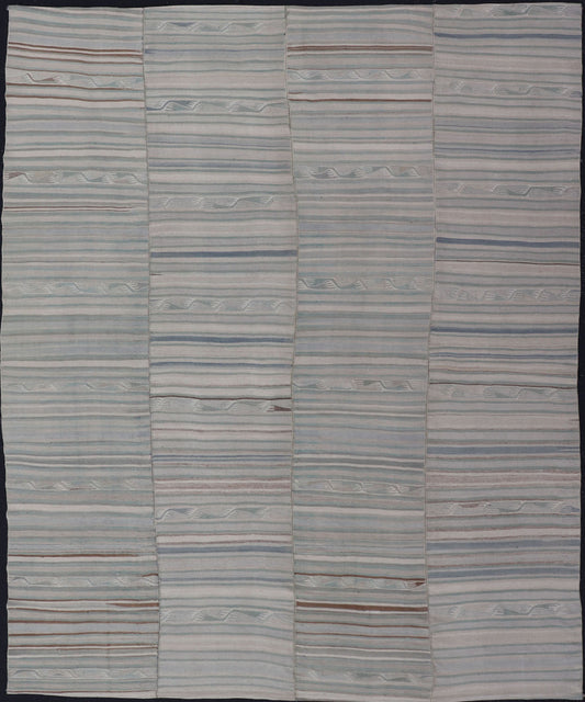 Hand Woven large vintage Turkish paneled in cream, blue, light brown and taupe. Keivan Woven Arts / rug EN - 14094 country of origin / type: Turkey / Kilim, circa mid - 20th century Measures: 9'2 x 11'6 - Keivan Woven ArtsEN - 14094 - 23175Rug