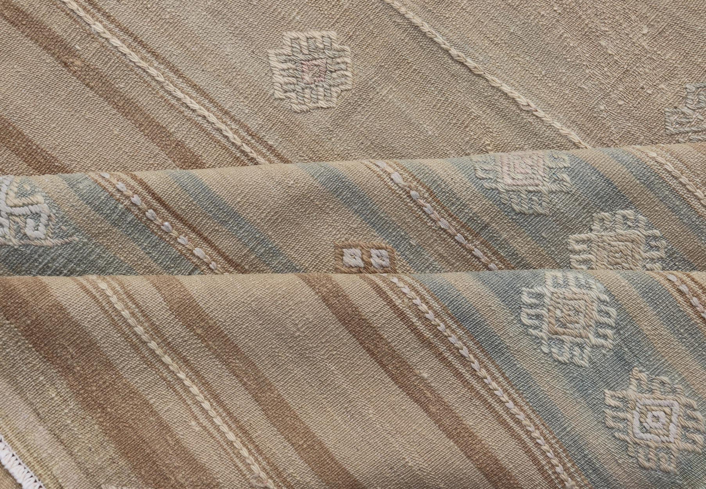 Measures: 5'11 x 9'5 Vintage Turkish Kilim Stripes in Tan, Light Blue, Brown with Geometric Motifs. Keivan Woven Arts / rug EN - 14096, country of origin / type: Turkey / Kilim, circa Mid - 20th Century. This vintage flat - woven Kilim features a mini... - Keivan Woven ArtsEN - 14096 - 21793Rug