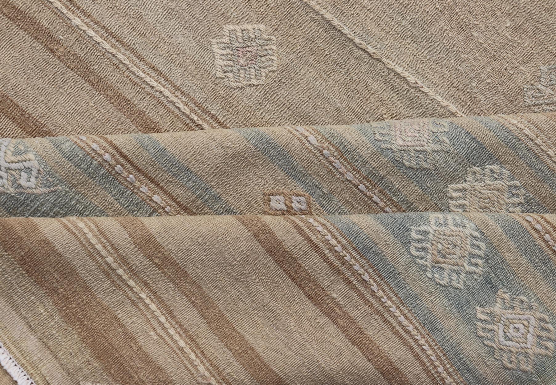 Measures: 5'11 x 9'5 Vintage Turkish Kilim Stripes in Tan, Light Blue, Brown with Geometric Motifs. Keivan Woven Arts / rug EN - 14096, country of origin / type: Turkey / Kilim, circa Mid - 20th Century. This vintage flat - woven Kilim features a mini... - Keivan Woven ArtsEN - 14096 - 21793Rug