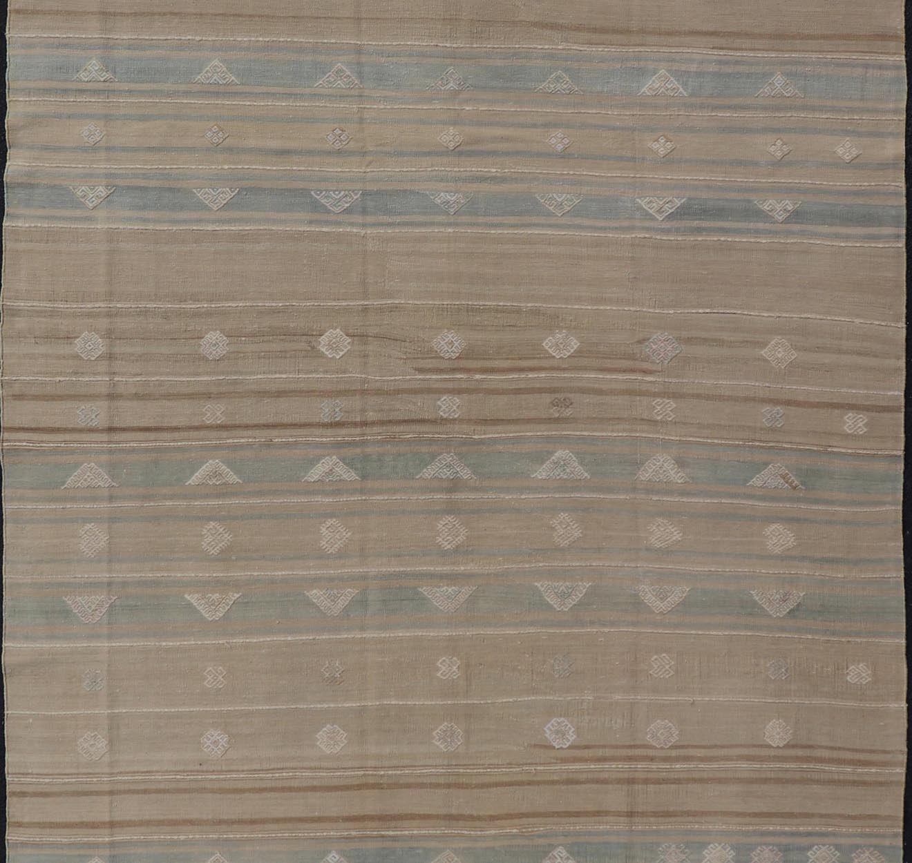 Measures: 5'11 x 9'5 Vintage Turkish Kilim Stripes in Tan, Light Blue, Brown with Geometric Motifs. Keivan Woven Arts / rug EN - 14096, country of origin / type: Turkey / Kilim, circa Mid - 20th Century. This vintage flat - woven Kilim features a mini... - Keivan Woven ArtsEN - 14096 - 21793Rug
