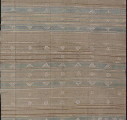 Measures: 5'11 x 9'5 Vintage Turkish Kilim Stripes in Tan, Light Blue, Brown with Geometric Motifs. Keivan Woven Arts / rug EN - 14096, country of origin / type: Turkey / Kilim, circa Mid - 20th Century. This vintage flat - woven Kilim features a mini... - Keivan Woven ArtsEN - 14096 - 21793Rug