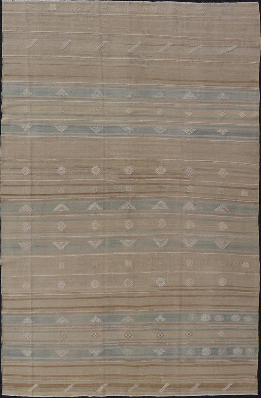 Measures: 5'11 x 9'5 Vintage Turkish Kilim Stripes in Tan, Light Blue, Brown with Geometric Motifs. Keivan Woven Arts / rug EN - 14096, country of origin / type: Turkey / Kilim, circa Mid - 20th Century. This vintage flat - woven Kilim features a mini... - Keivan Woven ArtsEN - 14096 - 21793