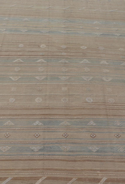 Measures: 5'11 x 9'5 Vintage Turkish Kilim Stripes in Tan, Light Blue, Brown with Geometric Motifs. Keivan Woven Arts / rug EN - 14096, country of origin / type: Turkey / Kilim, circa Mid - 20th Century. This vintage flat - woven Kilim features a mini... - Keivan Woven ArtsEN - 14096 - 21793Rug