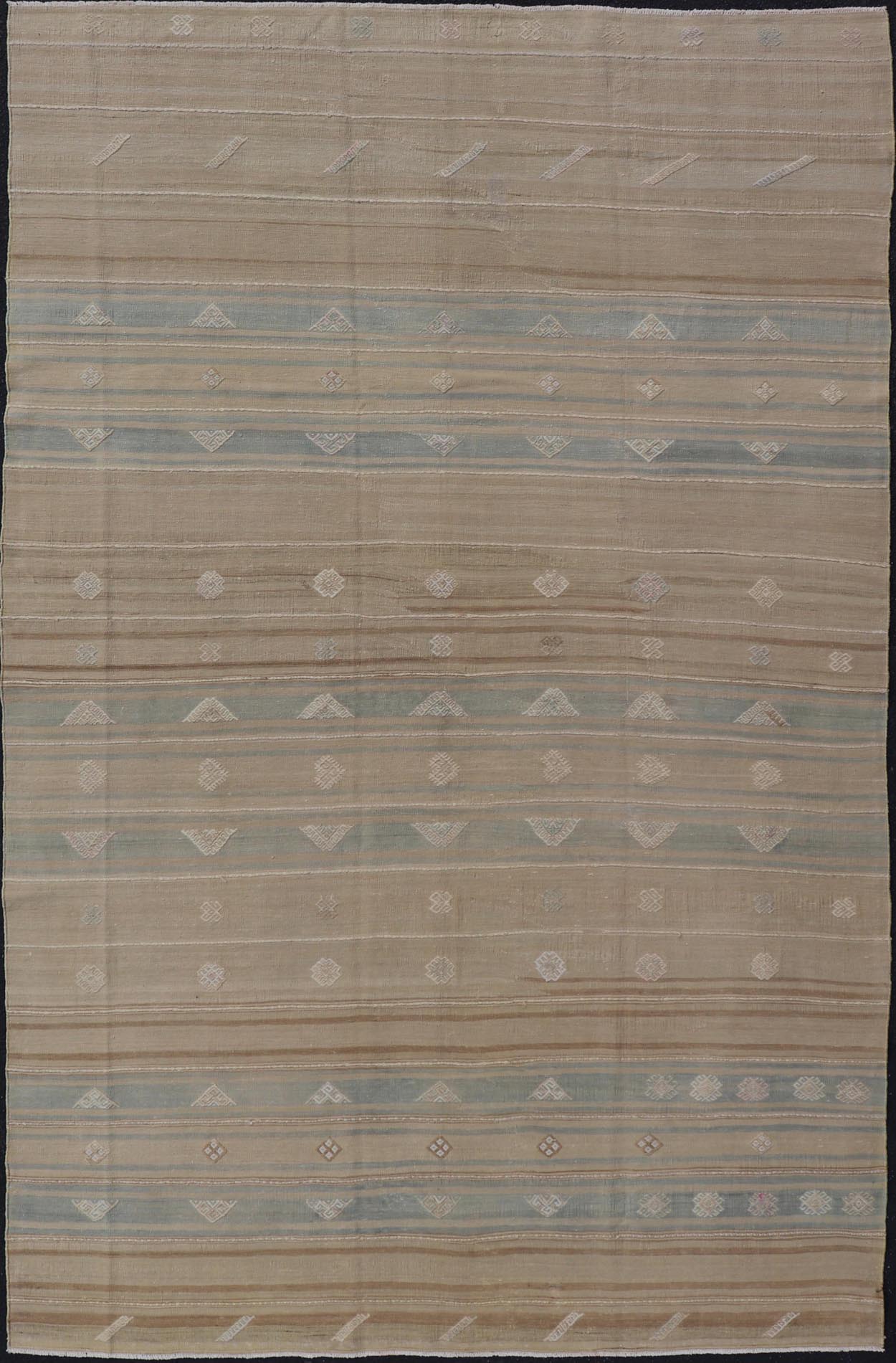 Measures: 5'11 x 9'5 Vintage Turkish Kilim Stripes in Tan, Light Blue, Brown with Geometric Motifs. Keivan Woven Arts / rug EN - 14096, country of origin / type: Turkey / Kilim, circa Mid - 20th Century. This vintage flat - woven Kilim features a mini... - Keivan Woven ArtsEN - 14096 - 21793Rug