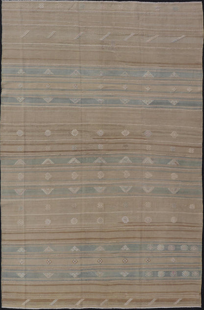 Measures: 5'11 x 9'5 Vintage Turkish Kilim Stripes in Tan, Light Blue, Brown with Geometric Motifs. Keivan Woven Arts / rug EN - 14096, country of origin / type: Turkey / Kilim, circa Mid - 20th Century. This vintage flat - woven Kilim features a mini... - Keivan Woven ArtsEN - 14096 - 21793Rug