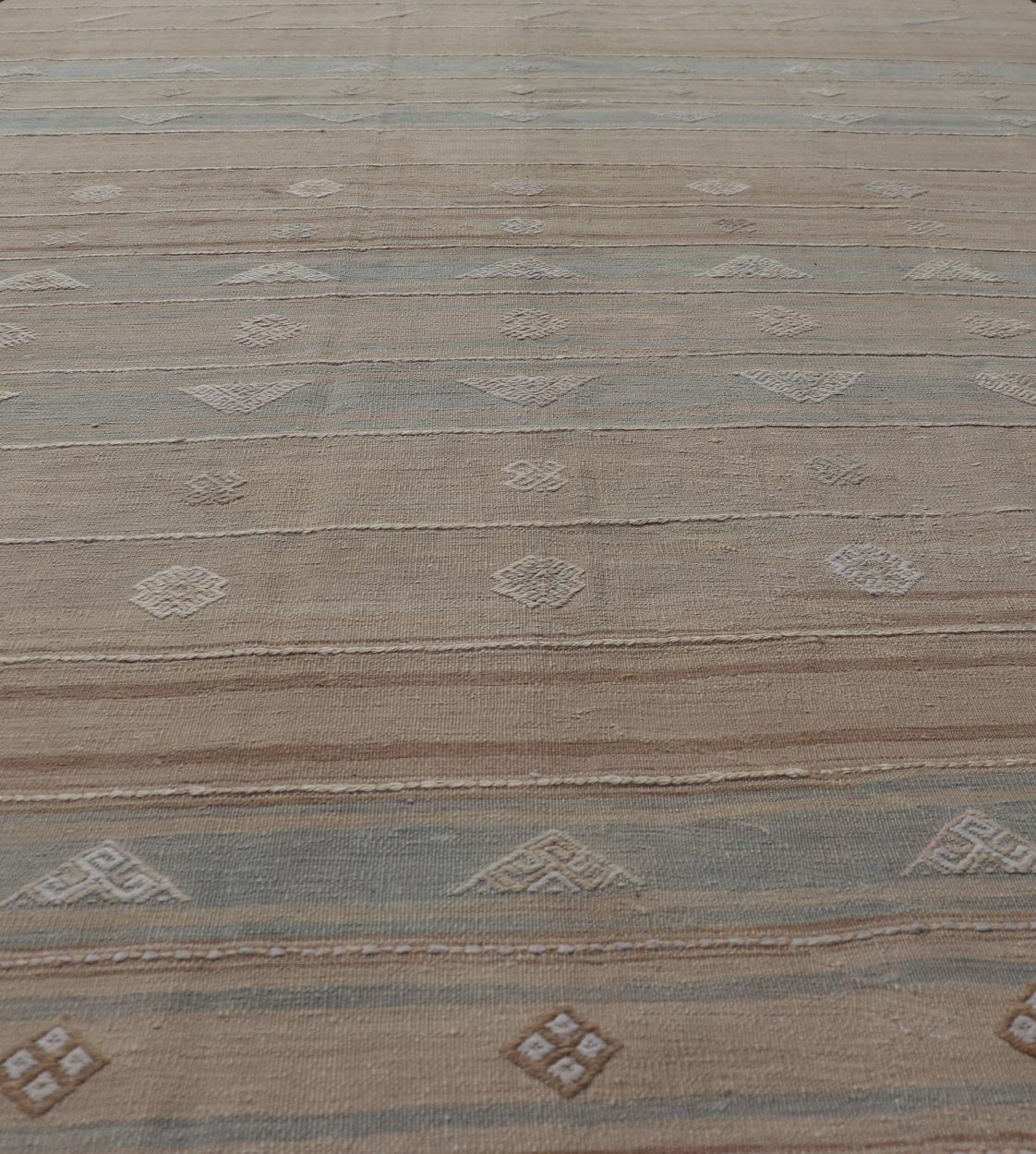 Measures: 5'11 x 9'5 Vintage Turkish Kilim Stripes in Tan, Light Blue, Brown with Geometric Motifs. Keivan Woven Arts / rug EN - 14096, country of origin / type: Turkey / Kilim, circa Mid - 20th Century. This vintage flat - woven Kilim features a mini... - Keivan Woven ArtsEN - 14096 - 21793Rug
