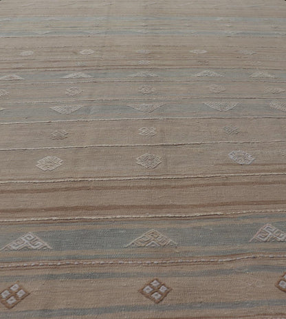 Measures: 5'11 x 9'5 Vintage Turkish Kilim Stripes in Tan, Light Blue, Brown with Geometric Motifs. Keivan Woven Arts / rug EN - 14096, country of origin / type: Turkey / Kilim, circa Mid - 20th Century. This vintage flat - woven Kilim features a mini... - Keivan Woven ArtsEN - 14096 - 21793Rug