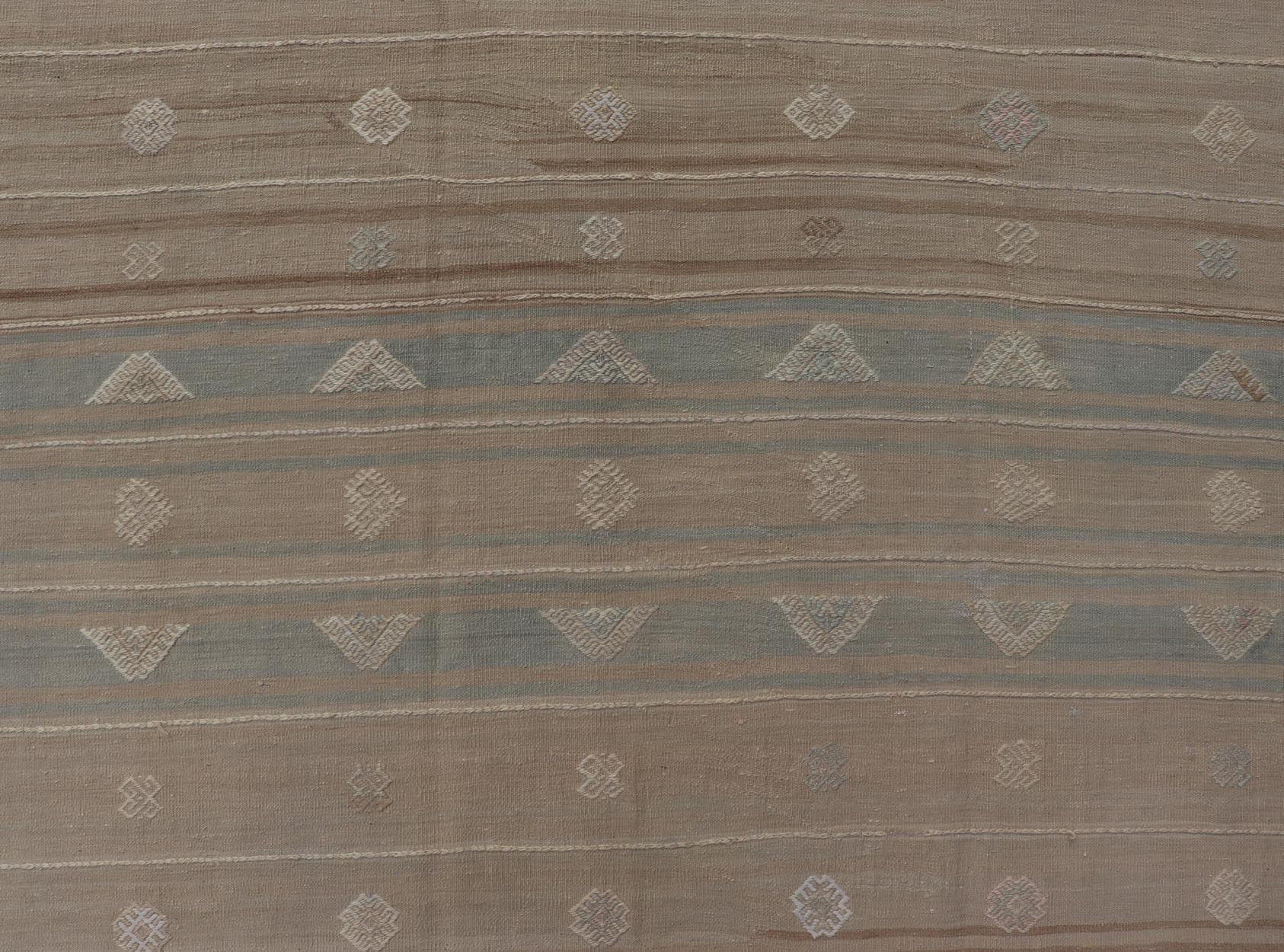 Measures: 5'11 x 9'5 Vintage Turkish Kilim Stripes in Tan, Light Blue, Brown with Geometric Motifs. Keivan Woven Arts / rug EN - 14096, country of origin / type: Turkey / Kilim, circa Mid - 20th Century. This vintage flat - woven Kilim features a mini... - Keivan Woven ArtsEN - 14096 - 21793Rug