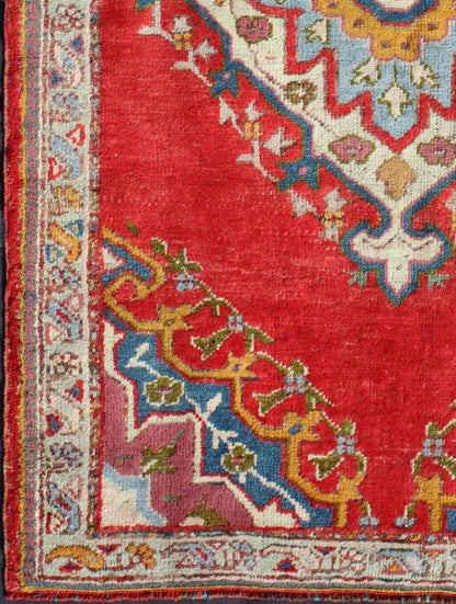 Antique Turkish Oushak Small Rug in Bright Red, Blue, Lavender, Orange & Green Country of Origin: Turkey; Type: Oushak; Design: Medallion, Floral Medallion; Keivan Woven Art, rug#EN - 141030; Antique Turkish Oushak Small Rug in Bright Red, Blue, L... - Keivan Woven ArtsEN - 141030 - 7129Rug