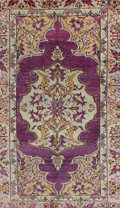 Purple Vintage Turkish Oushak Rug with a Traditional Medallion Design Measures: 3'6'' x 5'8''. This lovely vintage Oushak is set on a purple background and features a floral medallion with accents of deep gold. The taupe border has a unique ... - Keivan Woven ArtsEN - 141034 - 7135Rug