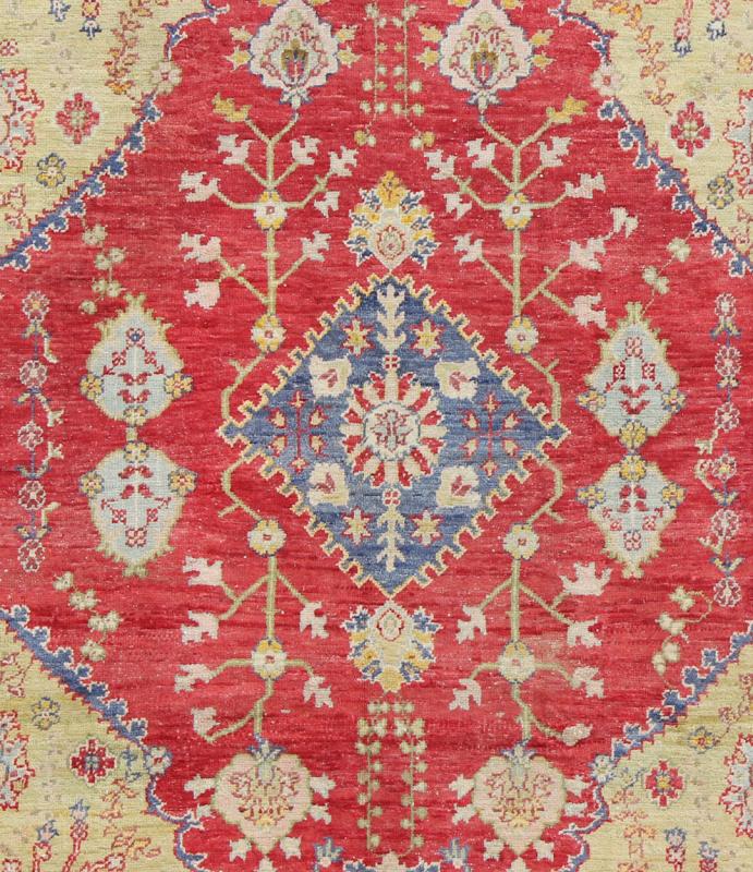Antique Turkish Oushak in yellow Green, Red & Blue with Floral Medallion Design. Antique Oushak in Red, Blue and light Yellow Green. Country of Origin: Turkey; Type: Oushak; Design: Medallion; Keivan Woven Arts: rug /EN - 141060 Measures: 7... - Keivan Woven ArtsEN - 141060 - 7169Rug