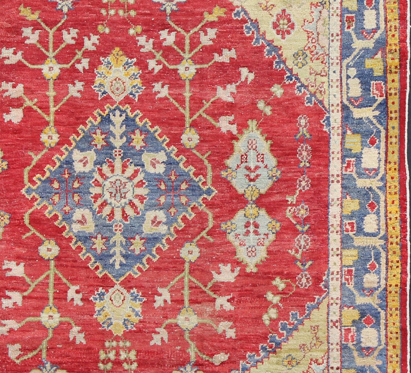 Antique Turkish Oushak in yellow Green, Red & Blue with Floral Medallion Design. Antique Oushak in Red, Blue and light Yellow Green. Country of Origin: Turkey; Type: Oushak; Design: Medallion; Keivan Woven Arts: rug /EN - 141060 Measures: 7... - Keivan Woven ArtsEN - 141060 - 7169Rug