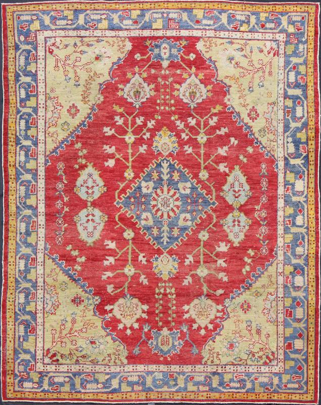 Antique Turkish Oushak in yellow Green, Red & Blue with Floral Medallion Design. Antique Oushak in Red, Blue and light Yellow Green. Country of Origin: Turkey; Type: Oushak; Design: Medallion; Keivan Woven Arts: rug /EN - 141060 Measures: 7... - Keivan Woven ArtsEN - 141060 - 7169Rug