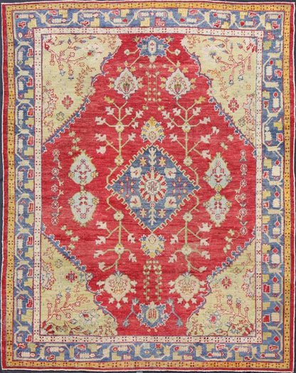 Antique Turkish Oushak in yellow Green, Red & Blue with Floral Medallion Design. Antique Oushak in Red, Blue and light Yellow Green. Country of Origin: Turkey; Type: Oushak; Design: Medallion; Keivan Woven Arts: rug /EN - 141060 Measures: 7... - Keivan Woven ArtsEN - 141060 - 7169Rug