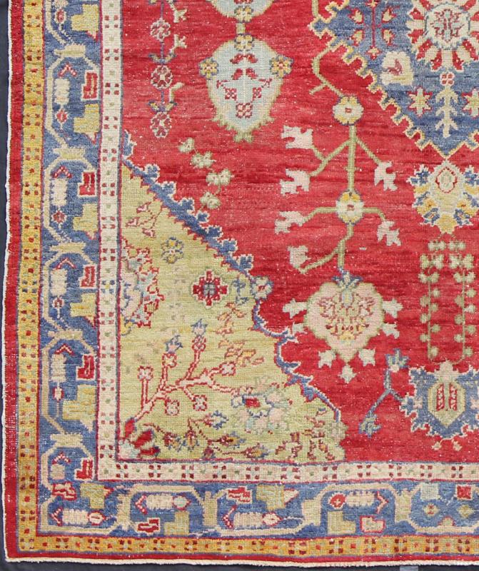 Antique Turkish Oushak in yellow Green, Red & Blue with Floral Medallion Design. Antique Oushak in Red, Blue and light Yellow Green. Country of Origin: Turkey; Type: Oushak; Design: Medallion; Keivan Woven Arts: rug /EN - 141060 Measures: 7... - Keivan Woven ArtsEN - 141060 - 7169Rug