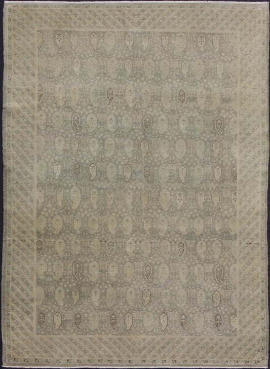 Muted Vintage Turkish Sivas with Paisley Design in Taupe, Gray - Green, And Camel Measures: 6'8'' x 9'0'' Stylized paisley motifs are featured in a repeating pattern on this Sivas wool rug. A blend of Persian inspiration and Turkish design... - Keivan Woven ArtsEN - 141067 - 7175