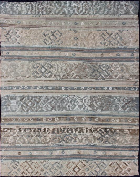 Measures: 5'9 x 7'7. This flat - woven Kilim runner from Turkey features an enticing composition consisting of stripes with fascinating geometric designs rendered in natural tones of brown and gray, as well as some blue shades. Vintage Kil... - Keivan Woven ArtsEN - 141087 - 11177Rug