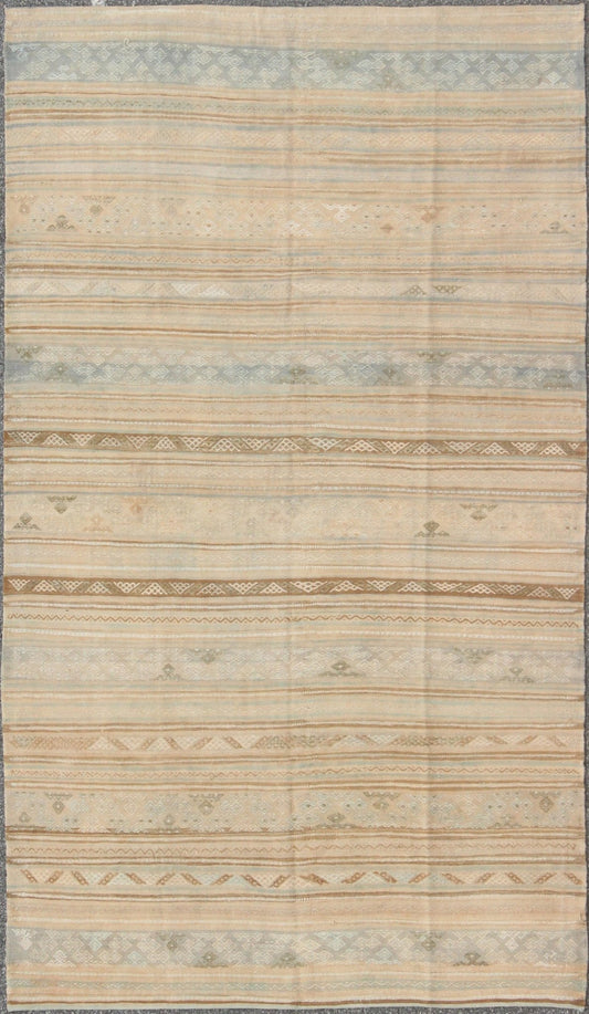 Neutral Stripes Vintage Hand Woven Turkish Kilim Rug With Assorted Geometric Tribal Shapes Neutral stripes vintage Turkish Kilim rug with assorted geometric tribal shapes, Keivan Woven Arts / rug en - 141092, country of origin / type: turkey / Kil... - Keivan Woven ArtsEN - 141092 - 9008Rug