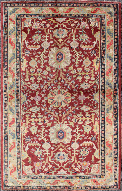 Colorful Turkish Oushak Carpet with Scattered Vines and Flowers on a Red Field Oushak Carpet with Scattered Vines and Flowers on a Red Field rug/en - 141107 origin/ turkey kwarugs Handwoven in Turkey, this antique Oushak rug features scatte... - Keivan Woven ArtsEN - 141107 - 7145Rug