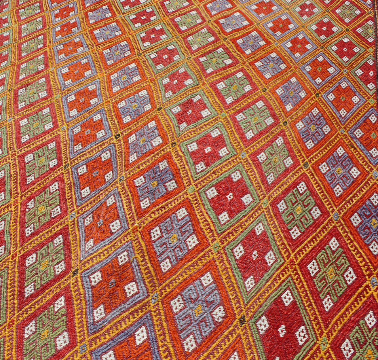 Vintage Turkish Embroidered Jijim Kilim With All - Over Diamond Design in Bright Colors Measures: 5'6'' x 9'0''. Featuring tribal diamond shapes with a spotted and speckled assortment of geometric elements, this finely woven embroidered Jijim s... - Keivan Woven ArtsEN - 141111 - 7149Rug