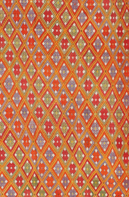 Vintage Turkish Embroidered Jijim Kilim With All - Over Diamond Design in Bright Colors Measures: 5'6'' x 9'0''. Featuring tribal diamond shapes with a spotted and speckled assortment of geometric elements, this finely woven embroidered Jijim s... - Keivan Woven ArtsEN - 141111 - 7149Rug