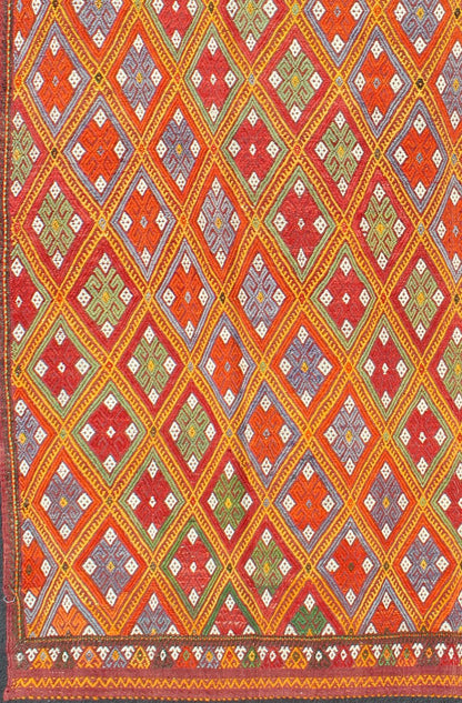 Vintage Turkish Embroidered Jijim Kilim With All - Over Diamond Design in Bright Colors Measures: 5'6'' x 9'0''. Featuring tribal diamond shapes with a spotted and speckled assortment of geometric elements, this finely woven embroidered Jijim s... - Keivan Woven ArtsEN - 141111 - 7149Rug