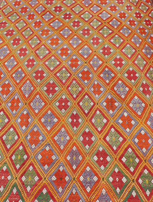 Vintage Turkish Embroidered Jijim Kilim With All - Over Diamond Design in Bright Colors Measures: 5'6'' x 9'0''. Featuring tribal diamond shapes with a spotted and speckled assortment of geometric elements, this finely woven embroidered Jijim s... - Keivan Woven ArtsEN - 141111 - 7149