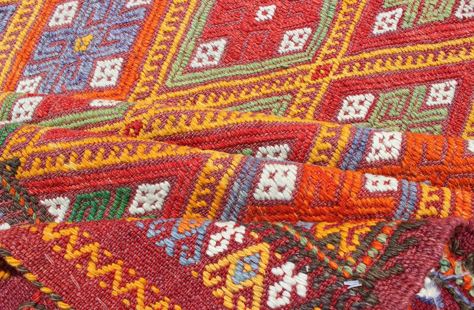 Vintage Turkish Embroidered Jijim Kilim With All - Over Diamond Design in Bright Colors Measures: 5'6'' x 9'0''. Featuring tribal diamond shapes with a spotted and speckled assortment of geometric elements, this finely woven embroidered Jijim s... - Keivan Woven ArtsEN - 141111 - 7149Rug
