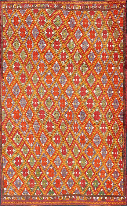 Vintage Turkish Embroidered Jijim Kilim With All - Over Diamond Design in Bright Colors Measures: 5'6'' x 9'0''. Featuring tribal diamond shapes with a spotted and speckled assortment of geometric elements, this finely woven embroidered Jijim s... - Keivan Woven ArtsEN - 141111 - 7149Rug