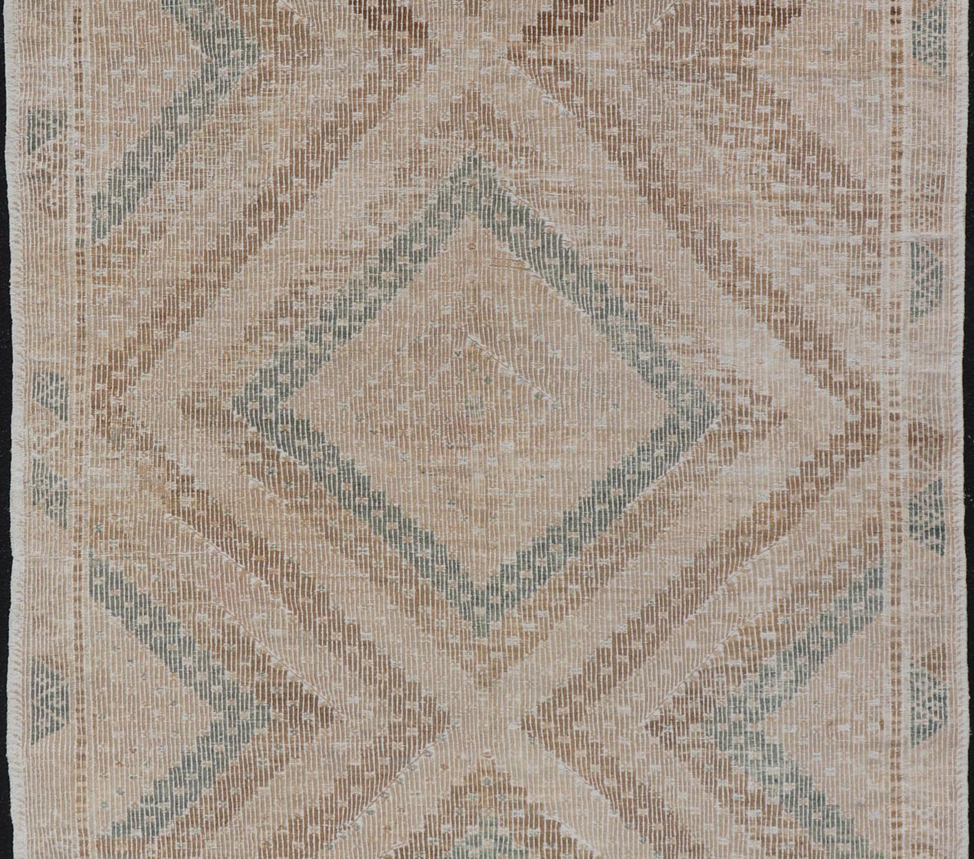 Vintage Hand - Woven Turkish Gallery Kilim Rug in Wool with Diamond Design This flat - weave tribal Turkish kilim has been hand - woven in wool. The rug features an all - over sub - geometric diamond design, and is rendered in blue and earthy tones; maki... - Keivan Woven ArtsEN - 141120 - 19838