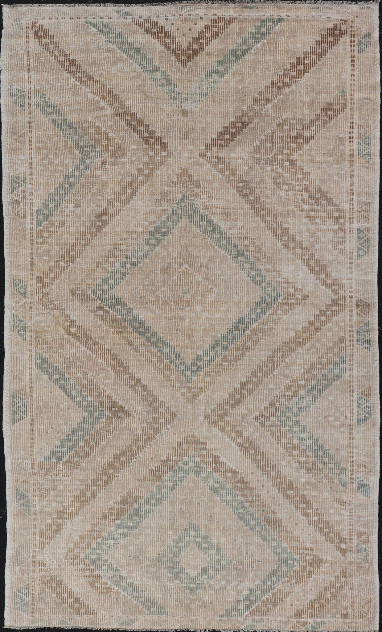 Vintage Hand - Woven Turkish Gallery Kilim Rug in Wool with Diamond Design This flat - weave tribal Turkish kilim has been hand - woven in wool. The rug features an all - over sub - geometric diamond design, and is rendered in blue and earthy tones; maki... - Keivan Woven ArtsEN - 141120 - 19838