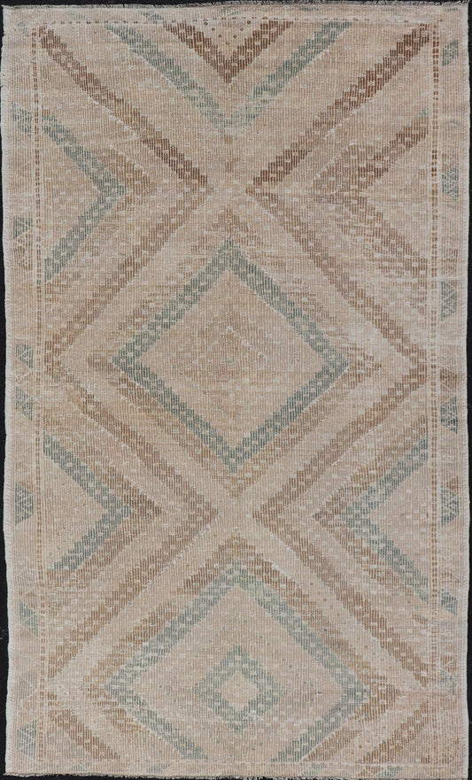 Vintage Hand - Woven Turkish Gallery Kilim Rug in Wool with Diamond Design This flat - weave tribal Turkish kilim has been hand - woven in wool. The rug features an all - over sub - geometric diamond design, and is rendered in blue and earthy tones; maki... - Keivan Woven ArtsEN - 141120 - 19838