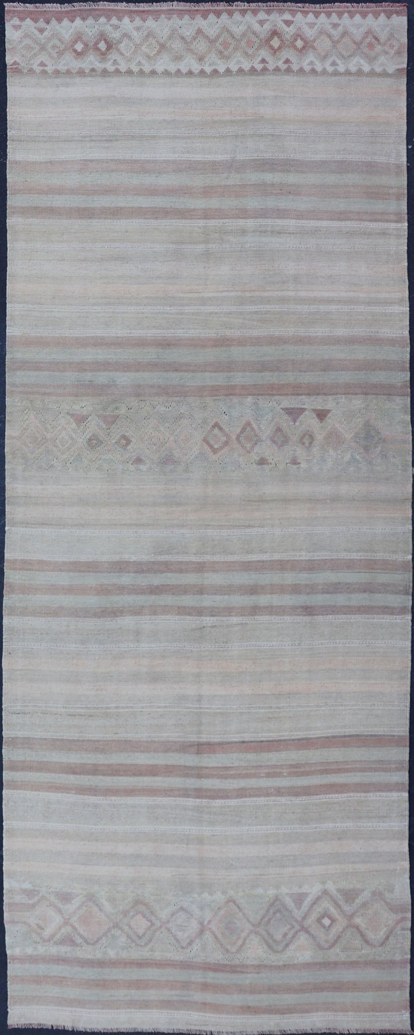 Vintage Gallery Turkish Kilim Runner with Creams, Soft Coral and Light Brown Minimalist design with stripe design Turkish Kilim gallery runner in cream, light brown and soft red/coral color. Keivan Woven Arts / rug EN - 141121, country of origin /... - Keivan Woven ArtsEN - 141121 - 17104Rug