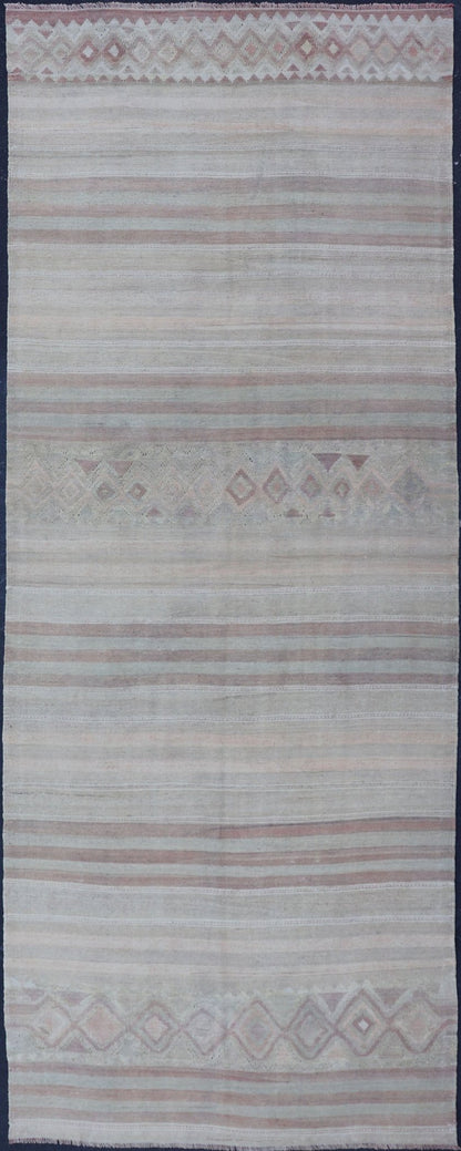 Vintage Gallery Turkish Kilim Runner with Creams, Soft Coral and Light Brown Minimalist design with stripe design Turkish Kilim gallery runner in cream, light brown and soft red/coral color. Keivan Woven Arts / rug EN - 141121, country of origin /... - Keivan Woven ArtsEN - 141121 - 17104Rug