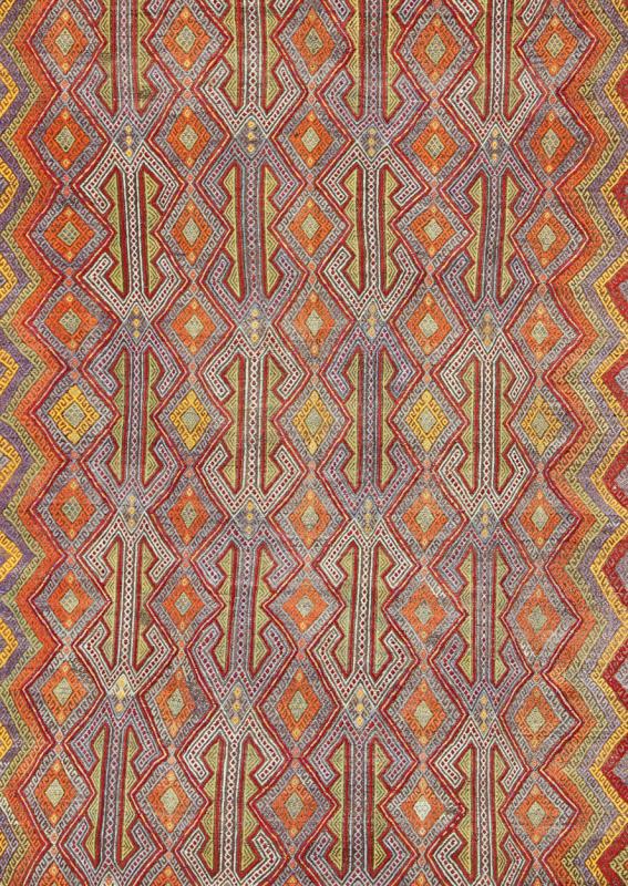 Large Vintage Turkish Embroidered Kilim in Bright and Colorful Tones Measures: 7'4'' x 10'11''. Featuring tribal shapes with a spotted and speckled assortment of geometric elements, this unique Jajeem / Jejim showcases an array of rich color... - Keivan Woven ArtsEN - 141128 - 7155Rug