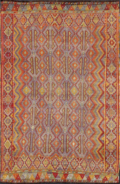 Large Vintage Turkish Embroidered Kilim in Bright and Colorful Tones Measures: 7'4'' x 10'11''. Featuring tribal shapes with a spotted and speckled assortment of geometric elements, this unique Jajeem / Jejim showcases an array of rich color... - Keivan Woven ArtsEN - 141128 - 7155Rug