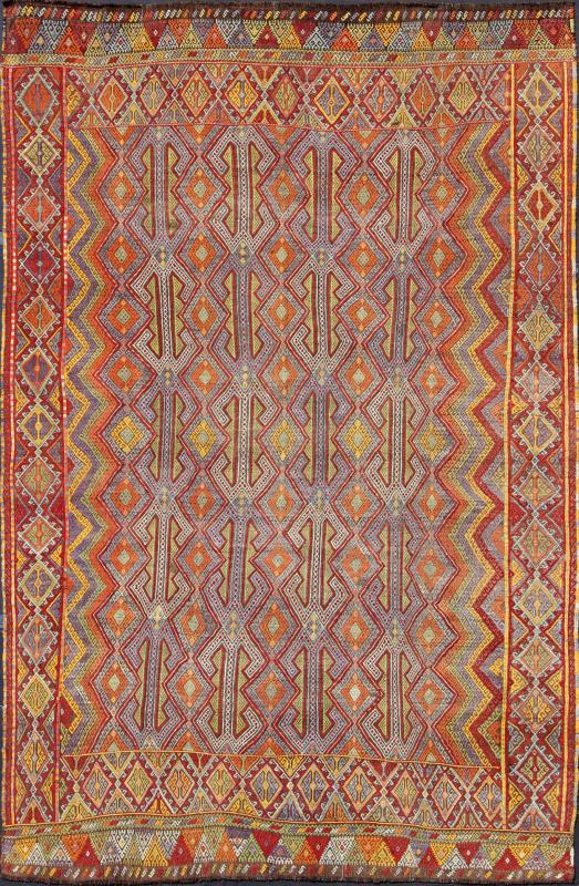 Large Vintage Turkish Embroidered Kilim in Bright and Colorful Tones Measures: 7'4'' x 10'11''. Featuring tribal shapes with a spotted and speckled assortment of geometric elements, this unique Jajeem / Jejim showcases an array of rich color... - Keivan Woven ArtsEN - 141128 - 7155Rug