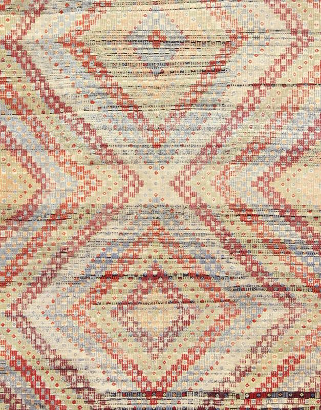 Vintage Turkish Embroidered Kilim in Green, Red and Light Blue Measures: 6'9'' x 10'9''. Featuring a large diamond pattern with a spotted and speckled assortment of geometric checkered elements, this unique vintage Kilim showcases an array of... - Keivan Woven ArtsEN - 141134 - 7159Rug