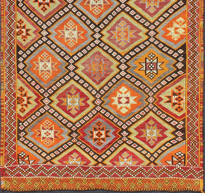 Colorful Vintage Turkish Embroidered Flat - Weave Kilim Rug With All - Over Diamond Design. vintage Cicim. vintage Jajim, vintage jajeem Colorful Vintage Turkish Flat - Weave Tribal Modern Kilim with Embroideries. Keivan Woven Arts / rug EN - 141146, co... - Keivan Woven ArtsEN - 141146 - 7163Rug