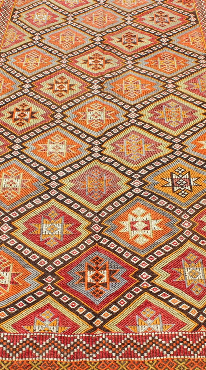 Colorful Vintage Turkish Embroidered Flat - Weave Kilim Rug With All - Over Diamond Design. vintage Cicim. vintage Jajim, vintage jajeem Colorful Vintage Turkish Flat - Weave Tribal Modern Kilim with Embroideries. Keivan Woven Arts / rug EN - 141146, co... - Keivan Woven ArtsEN - 141146 - 7163Rug