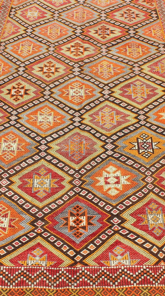 Colorful Vintage Turkish Embroidered Flat - Weave Kilim Rug With All - Over Diamond Design. vintage Cicim. vintage Jajim, vintage jajeem Colorful Vintage Turkish Flat - Weave Tribal Modern Kilim with Embroideries. Keivan Woven Arts / rug EN - 141146, co... - Keivan Woven ArtsEN - 141146 - 7163Rug