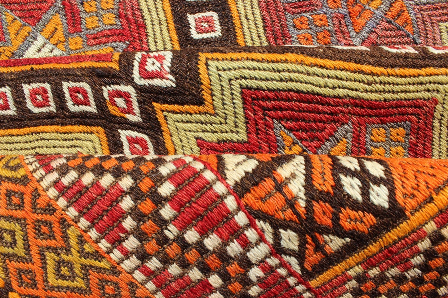 Colorful Vintage Turkish Embroidered Flat - Weave Kilim Rug With All - Over Diamond Design. vintage Cicim. vintage Jajim, vintage jajeem Colorful Vintage Turkish Flat - Weave Tribal Modern Kilim with Embroideries. Keivan Woven Arts / rug EN - 141146, co... - Keivan Woven ArtsEN - 141146 - 7163Rug