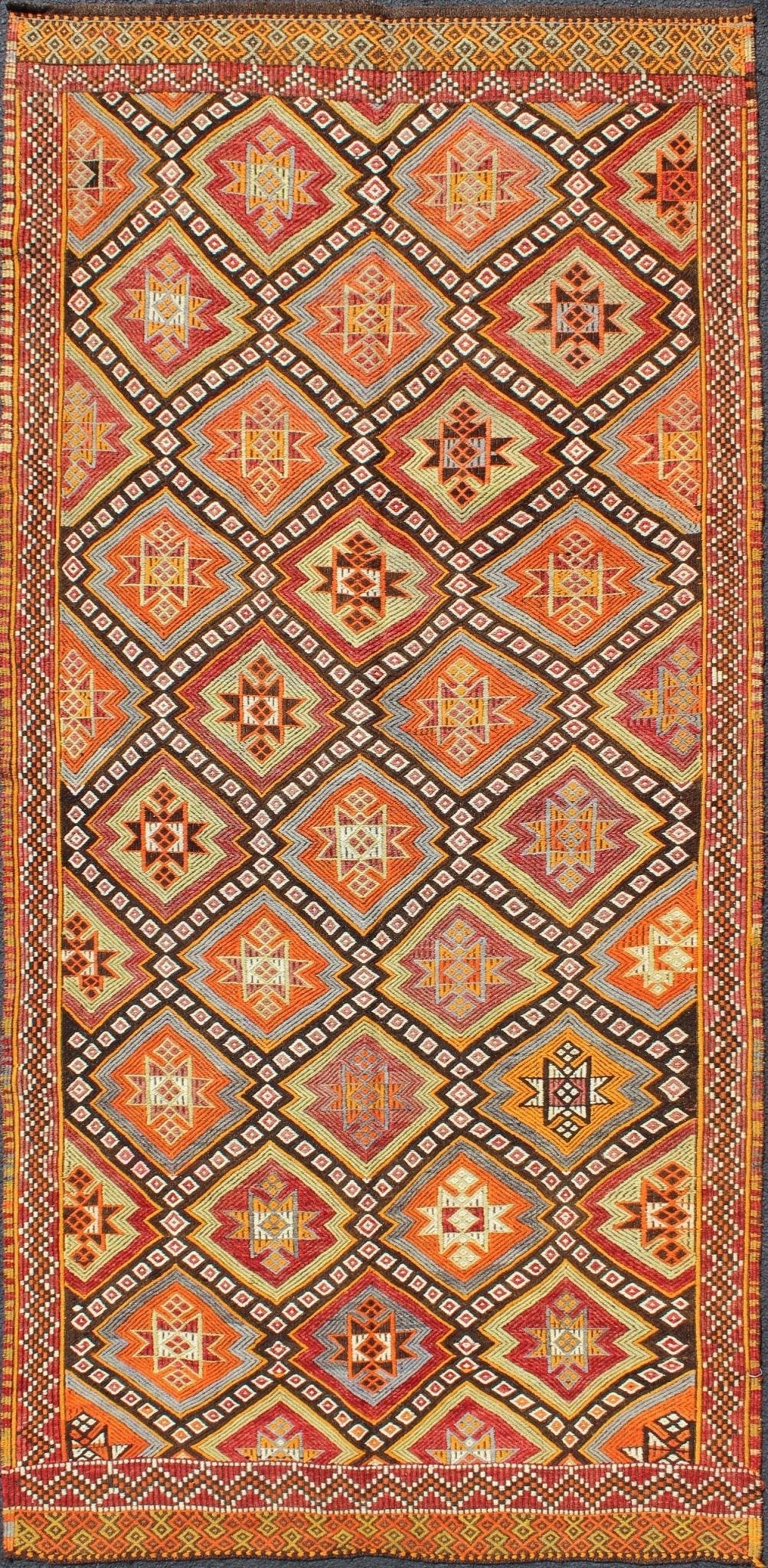 Colorful Vintage Turkish Embroidered Flat - Weave Kilim Rug With All - Over Diamond Design. vintage Cicim. vintage Jajim, vintage jajeem Colorful Vintage Turkish Flat - Weave Tribal Modern Kilim with Embroideries. Keivan Woven Arts / rug EN - 141146, co... - Keivan Woven ArtsEN - 141146 - 7163Rug