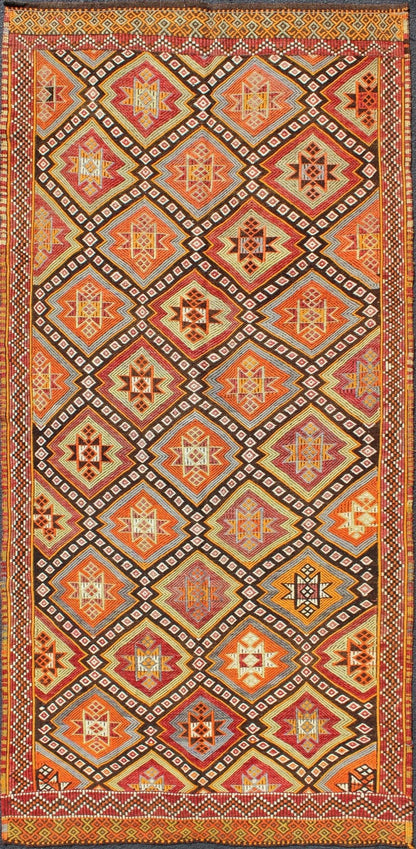Colorful Vintage Turkish Embroidered Flat - Weave Kilim Rug With All - Over Diamond Design. vintage Cicim. vintage Jajim, vintage jajeem Colorful Vintage Turkish Flat - Weave Tribal Modern Kilim with Embroideries. Keivan Woven Arts / rug EN - 141146, co... - Keivan Woven ArtsEN - 141146 - 7163Rug
