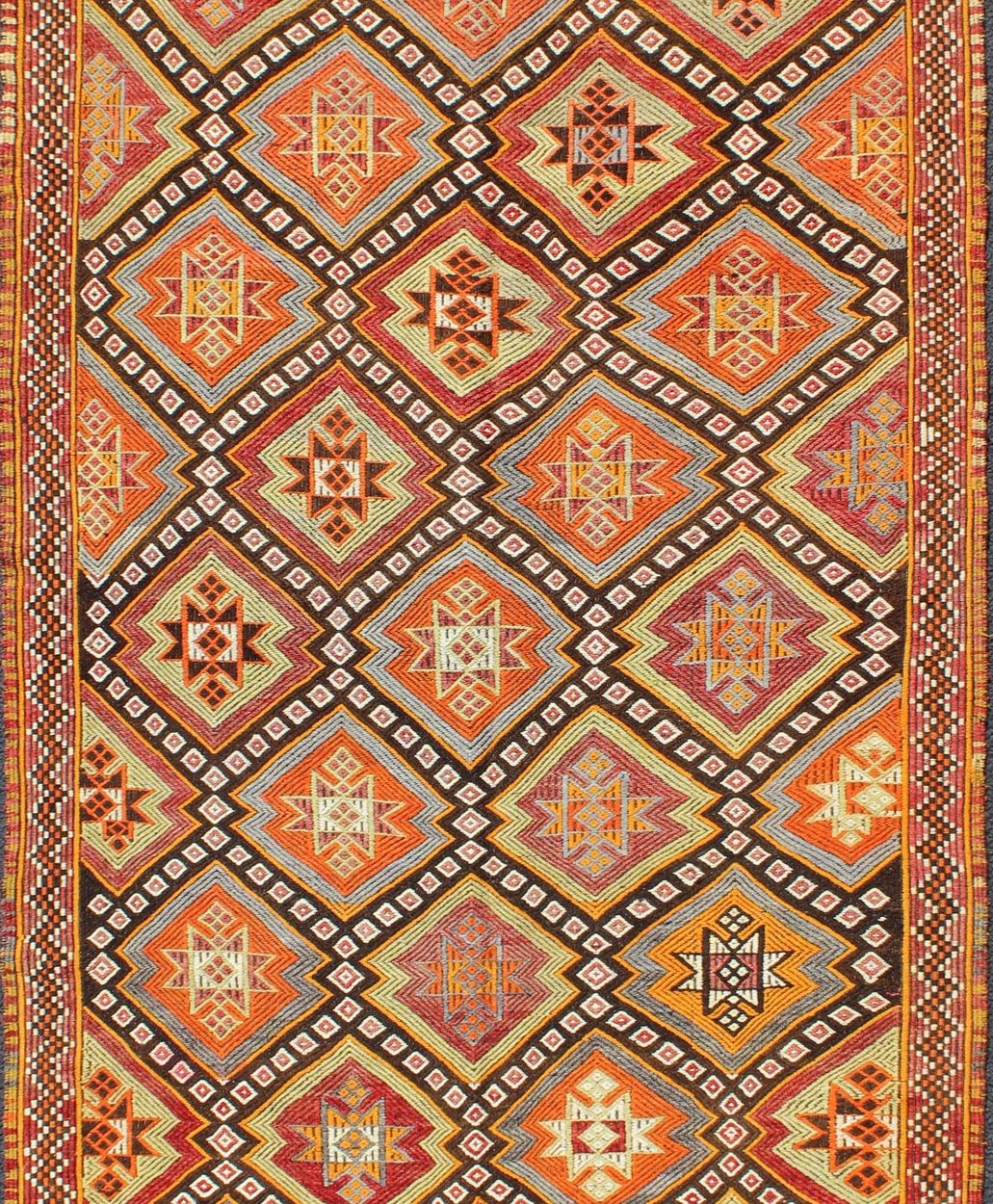 Colorful Vintage Turkish Embroidered Flat - Weave Kilim Rug With All - Over Diamond Design. vintage Cicim. vintage Jajim, vintage jajeem Colorful Vintage Turkish Flat - Weave Tribal Modern Kilim with Embroideries. Keivan Woven Arts / rug EN - 141146, co... - Keivan Woven ArtsEN - 141146 - 7163Rug