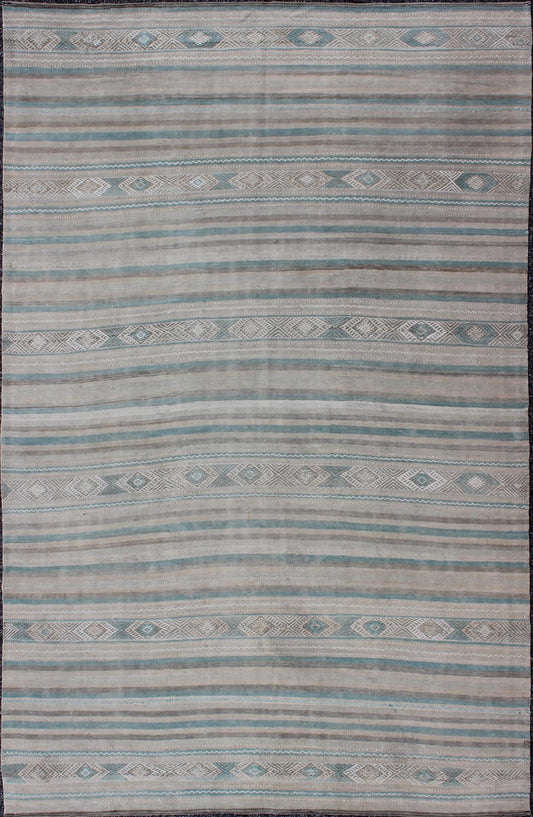 Gray, Blue Green, Taupe, and Camel Vintage Turkish Kilim with Geometric kwarugs Geometric stripe design vintage Kilim rug from Turkey in gray,blue - green, taupe, camel, Keivan Woven Arts / rug en - 141148, country of origin / type: Turkey / Kilim, ... - Keivan Woven ArtsEN - 141148 - 9404Rug