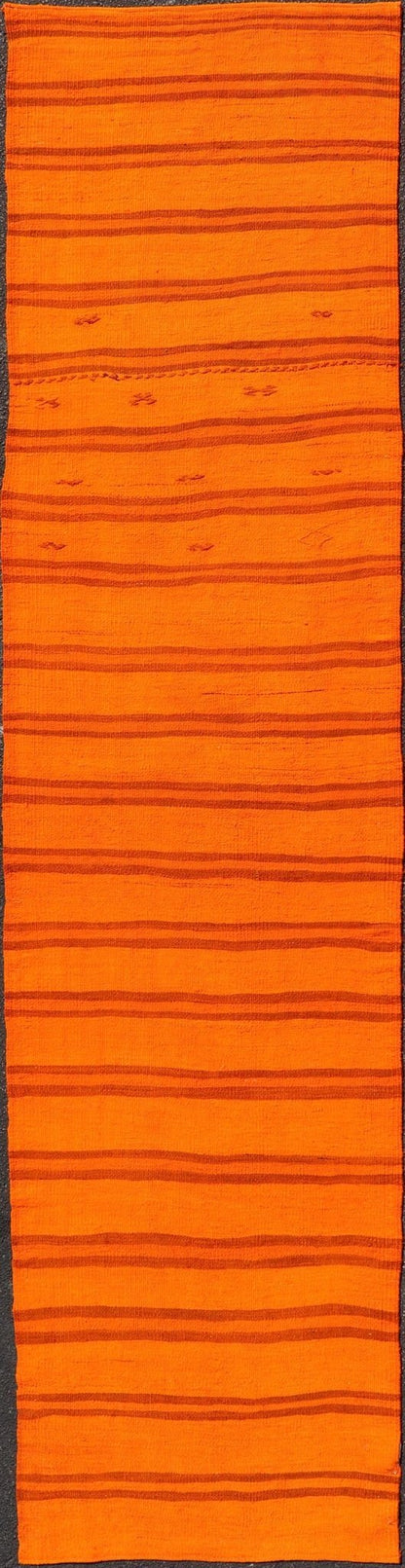 Vintage Turkish Kilim Runner with Vibrant Orange Stripes and Rustic Charm - Keivan Woven ArtsEN - 14122Rug